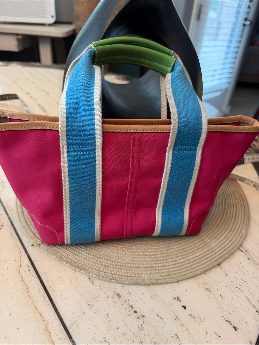 Coach Vintage Leatherware 2005 Pink and Blue Nylon Tote with Green Trim Retail
